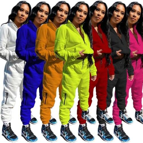 Women Thick Activewear Two Piece Sets Causal Plain Color Long Sleeve Zippers Hoodies Sweatshirt Joggers Pants Sport Tracksuit