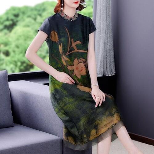 Summer Vintage Red Floral Mulberry Silk Casual Midi Dress 2021 Women Loose 5XL Plus Size Dresses Elegant Bodycon Party Vestidos