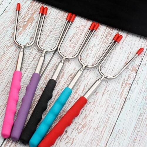 1pcs Barbecue Fork Stainless Steel U-Shape BBQ Sticks PVC Plastic Handle Roasting Barbecue Forks Extendable Fork For BBQ Party