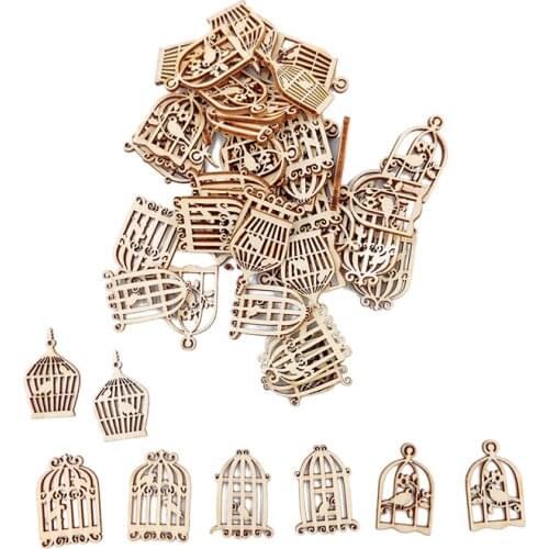 20pcs Wooden Slices Cute Bird Cage Shape Embellishments Ornament Unfinished Wood for Party Decoration DIY Craft Supplies