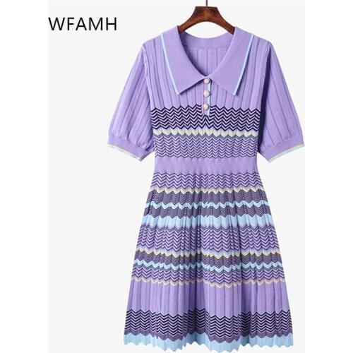2021 summer new plus size fashionable womens polo collar short sleeve temperament sweet style printed thread thin knit dress