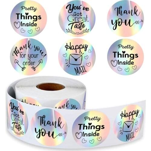 500pcs THANK YOU Sticker Personalized Business Rainbow Laser round sticker Sealing Gift Decoration Label Roll Kawaii Stickers