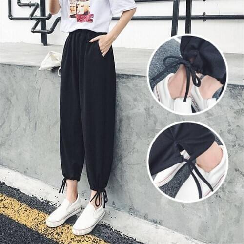 Japan Style Pants Spring Summer Women Pants Elastic Waist Mori Girl Plaid Harem Ankle-Length Pants New 2019 Casual Hip Hop Pants