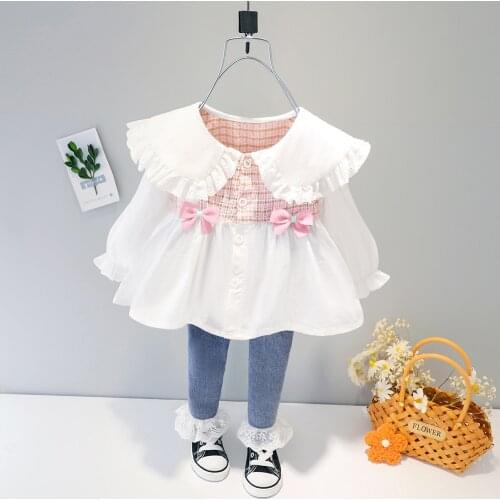 Baby girl clothes spring autumn new fashion lapel plaid cotton blouse lace trim jeans 2-piece suit girl suit childrens clothing
