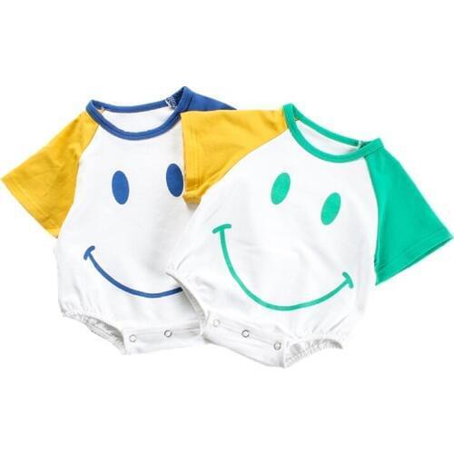 Baby Korean Style Loose Clothes Infant Boys Girls Summer Short Sleeve Romper Big Smiling Face Pattern White Blue Costume Outfit