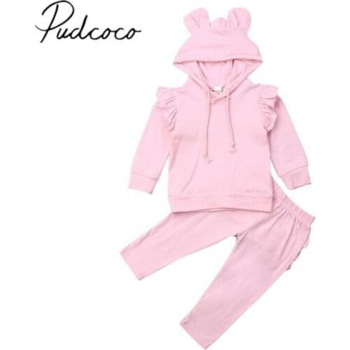2019 Baby Summer Clothing Sweets Baby Girl Newborn Outfits Ruffled 2Pcs Clothes 3D Bear Ears Hoodies Shirt Pants Trousers Set