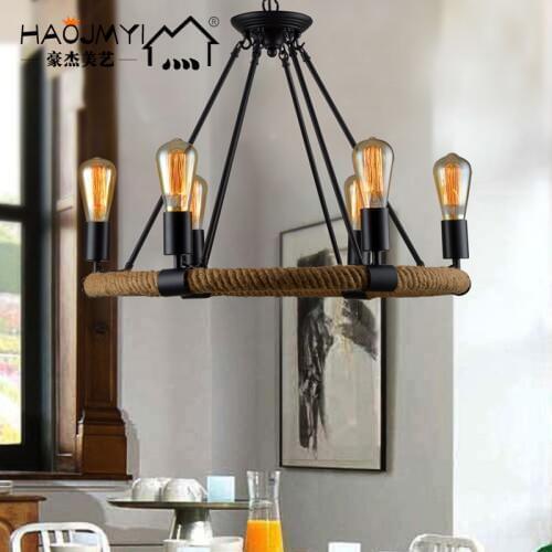 Designer loft North European style retro Coffee rural hall bar iron rope chandelier lamp