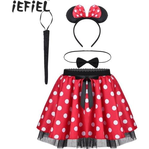 Girls Mini Mouse Cosplay Fancy Costume Polka Dots Tutu Mini Skirt with Hairband Mouse Tail and Bow Tie for Birthdays Party Sets