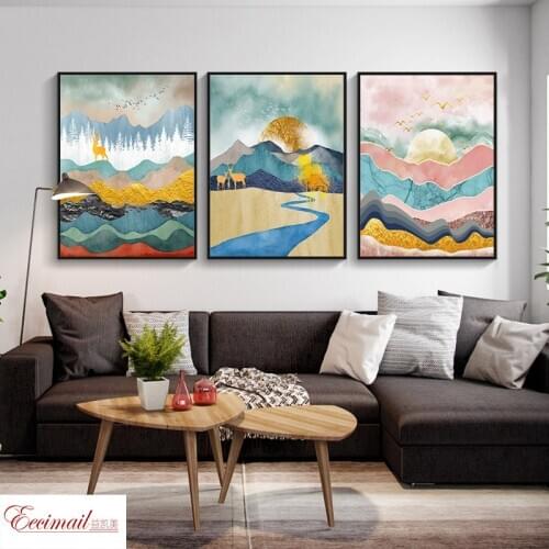 EECAMAIL DIY Diamond Painting Handicraft No Frame Full Diamond Embroidery Sunrise Elk Golden Mountain Nordic Art Triptych Painti