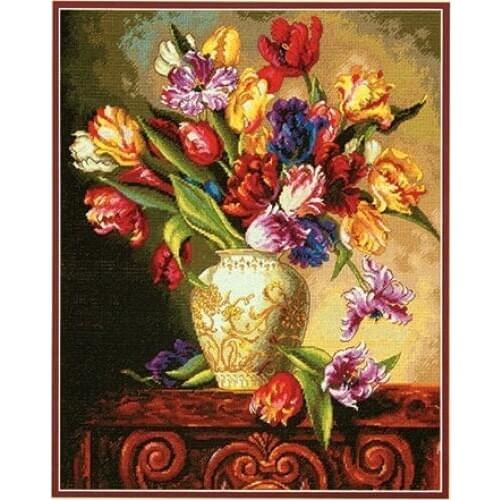 Egypt cotton Beautiful Lovely Counted Cross Stitch Kit Parrot Tulips Tulip Flowers Flower in Vase dim 35305