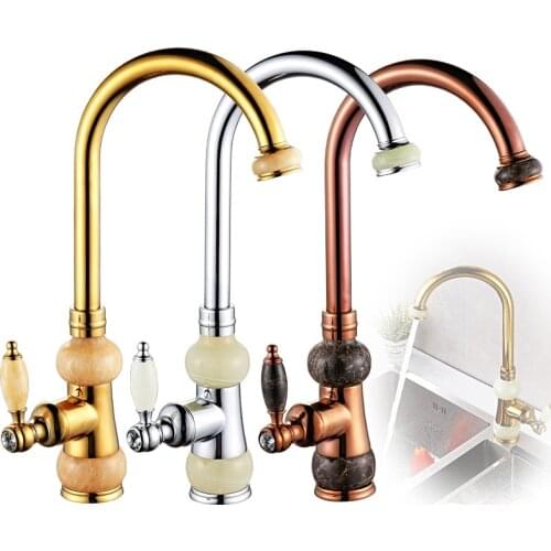 European jade and gold kitchen faucet hot and cold vegetables basin rotating taps all copper antique basin faucet water tap
