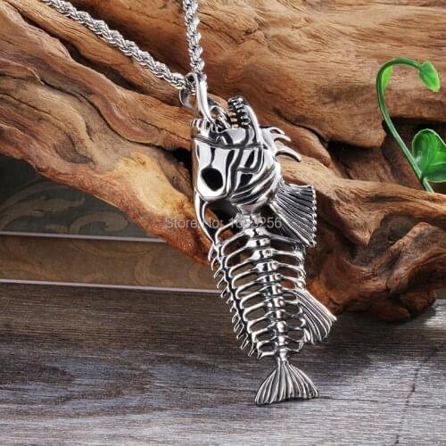 Gothic Casting Large Fishbone Pendant 316L Stainless Steel Rope Necklace Chain Mens Jewelry 4mm 22