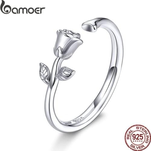 Bamoer Thorns and Rose Open Adjustable Finger Rings for Women 3D Flower Ring Band 925 Sterling Silver Korean Jewelry BSR065