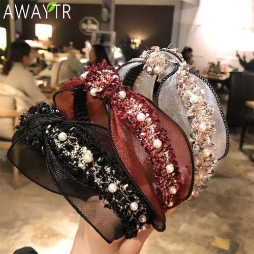 AWAYTR Women Headwear Lace Pearl Flower Woven Headbands Hairband Wide Fashion Headband Girl Hair Hoop Hair Accessories