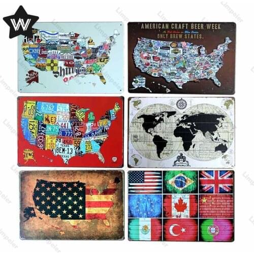 Map Metal Sign Tin Plate United States Tin Sign Metal Poster National Flag Tin Plaque Coffee Metal Signs for Man Cave Club Decor