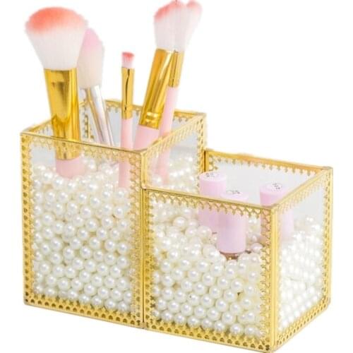 European Retro Multi-function Copper Edge Clear Glass Makeup Brush Organizer Storage Barrel Eyebrow Pencil Brush Storage Box