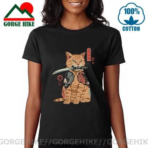 Fashion Summer Harajuku Tee Japanese aesthetics Catana T shirts women Funny Bad Ass Cat Tattooed Koi Fish Like A Samurai T-shirt