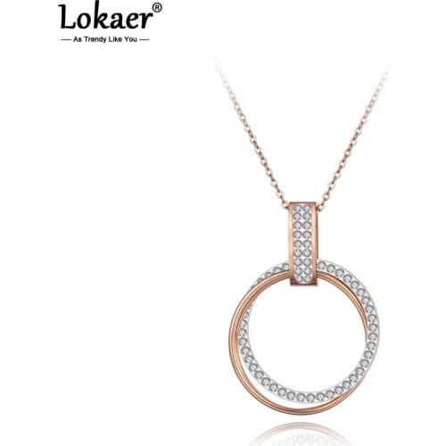 Lokaer Trendy Pave Setting Rhinestone Double Circle Pendant Necklaces For Women Stainless Steel Wedding Necklace Jewelry N19071