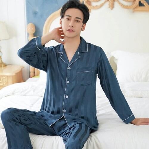 Spring Mens Stain Silk Pajama Set Pajamas Men Sleepwear Modern Style Silk Nightgown Home Male Satin Soft Cozy For Sleeping