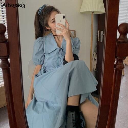 Dresses Women Fashion Daily Midi Solid Summer Students Elegant Korean Style Puff Sleeve Harajuku Simple Vestido Feminino Tender