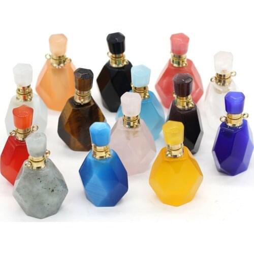 Natural Stone Rose Pink Quartz Faceted Perfume Bottle Pendants Cat Eyes Agates Essential Oil Diffuser Charms DIY Jewelry Making