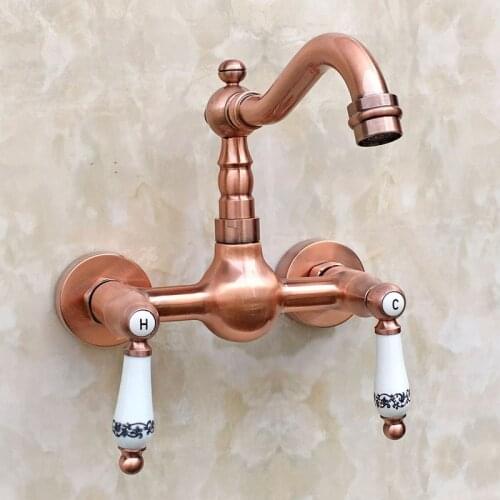 Red Copper Finish 360 Swivel Spout Kitchen Faucet Wall Mount Sink and Basin Mixer Tap Dual Lever Cold Hot Water Faucets lrg033