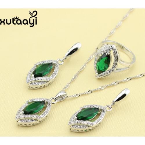 Alluring Imitated Green Stones White CZ, Silver colorBridal Wedding Jewelry Set Earrings Necklace Pendant Rings Made In China