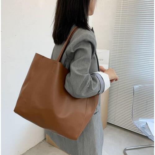 Women Big Leather Tote Causal Shipping Solid PU Leather Big Hand Bag 2021 Plain Shoulder Bags Soft Sling Bags Clutchs Handbag