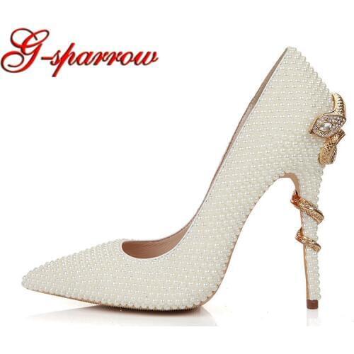Handmade Ivory Pearl Bride Shoes Snake Style High Heels Pointed Toe Wedding Party Shoes Thin Heel Mother of the Bride Shoes