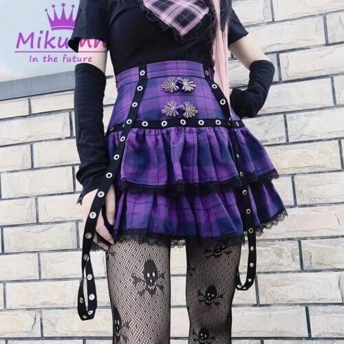 Harajuku Punk Metal Ribbon Fashion Plaid Lace Skirt Gothic Lolita High Waist Pleated Cake Mini Skirt Women Sexy Short Skirts