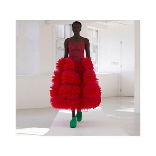 Chic Red Ruffled Tulle Skirts Women 2020 Ankle Length Long Women Maxi Tulle Skirt Party Prom Skirt For Black Girls Custom Made