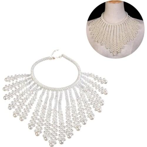 Women Pearl Beaded Bib Choker Necklace Fake Collar Jewelry Female Party Accessories