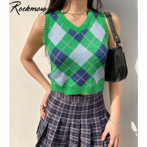 Rockmore Y2K Aesthetic Argyle Vintage V Neck Sweater Vest Women Sleeveless Plaid Knitted Crop Top Sweaters Autumn Preppy Style