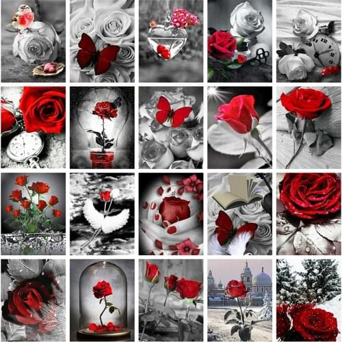 Gray World Red Rose 5D Diy Full Square and Round Diamond Painting Embroidery Cross Stitch Kit Wall Art Club Home Bedroom Decor