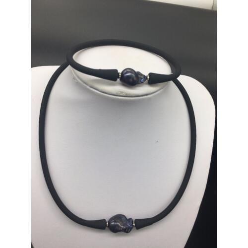 Baroque Black Keshi Pearl Jewelry Set Big One Pearl Necklace Bracelet For Women Unisex Silicon Rubber Stainless Steel Post
