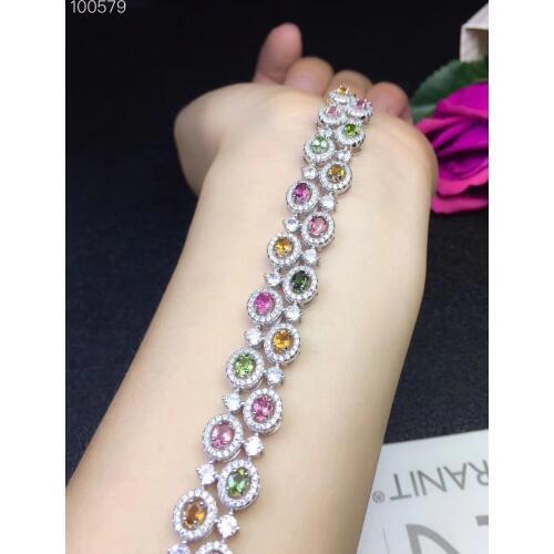 Natural Multicolor tourmaline Bracelet Natural gemstone bracelet 925 sterling silver fashion geometry women wedding gift jewelry