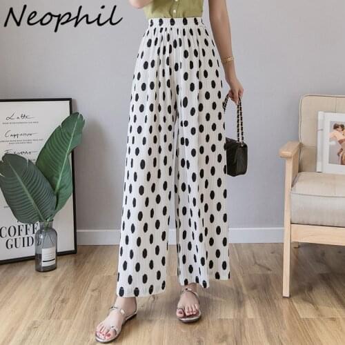 Neophil Women Dot Pattern Folds Ankle Length Wide Leg Pants 2021 Summer Pleated Casual Basic Loose Trouses Pantalon Femme P21416