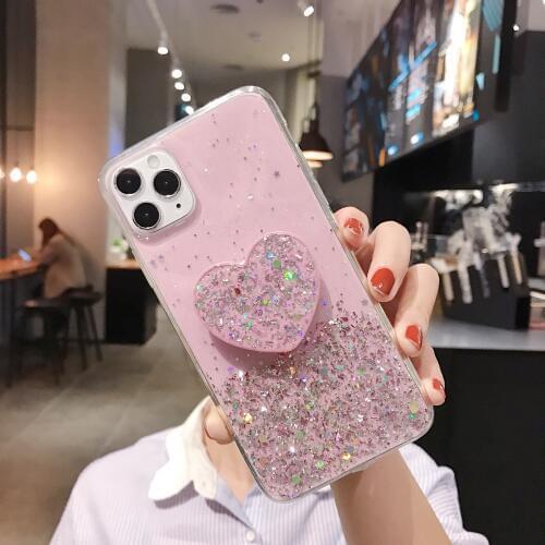 DIY Love Heart Holder Stand Glitter Soft TPU Clear Phone Case For iPhone 11 Pro Max 6 7 8 Plus 6Plus For Samsung A10 A20 A30 A70