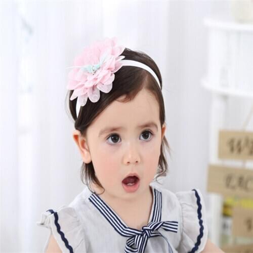 2020 kids Cute Lace Chiffon Flower With Pearl and Center star Elastic Kids Girls Headband Party Birthday Headwear