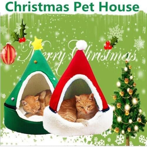 Christmas Pet House Cat Dog Sleeping Bed Warm Closed Tent Detachable Cleaning Nest Cushion Christmas Tree Mat Sofa Pet Supplies