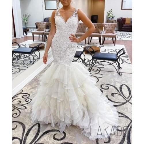 Custom Made V Neck Wedding Dress With Multi Layers Train