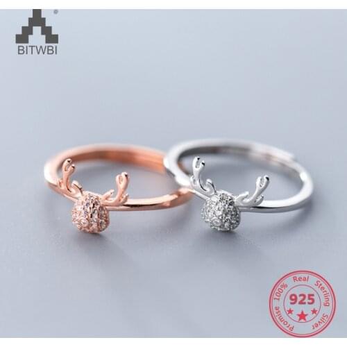 925 Silver Ring Female Korean Fashion Diamonds Elk Ring Temperament Cute Animal Finger Open Ring Female