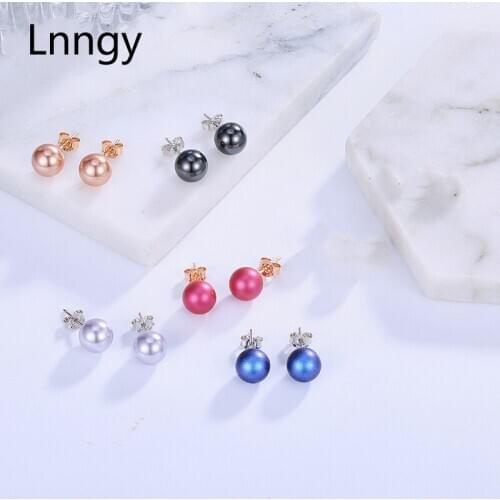 Lnngy Real 925 Sterling Silver Stud Earrings for Women Simple Multicolor Natural Pearl Earrings Jewelry Fashion Ladies Jewelry
