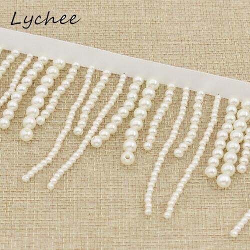 Lychee 1 Yard Black White Artificial Pearl Beads Lace Trim Tassel DIY Craft Women Garment Bag Decor Ribbon