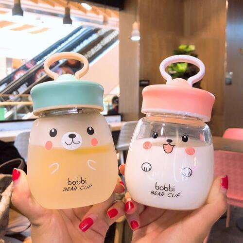 Kawaii Glass Water Bottle Portable Cute Bear Cup With Tea Strainer Leak-proof Drinking Bottle For Girl Students Kids Travel Cup
