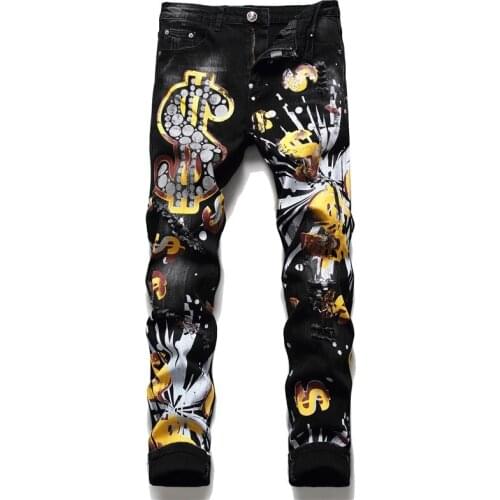 2021 Autumn Winter New Mens Slim PP Wash Jeans Black Print Broken Hole Pants Fashion Paint Print Pants Ripped Denim Trousers