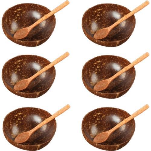 6PCS Wood Coconut Bowls with Spoon Set Wooden Bowls for Salad Fruit Bamboo Bowls Coconut Shell Bowl Kitchen Utensil Decorations
