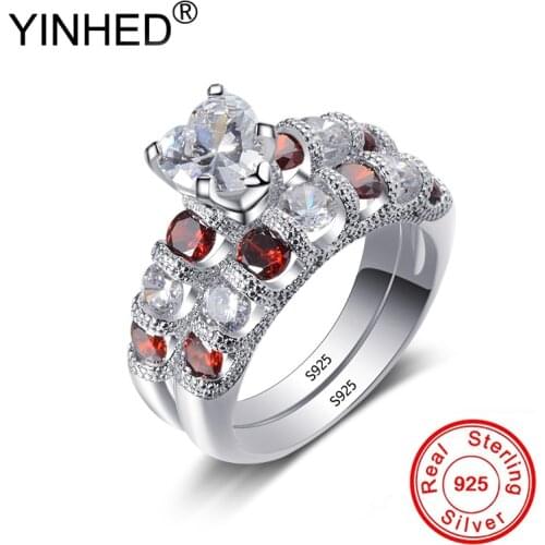 YINHED Romantic Heart Couple Rings Set Genuine 925 Sterling Silver Red White AAA Zircon CZ Wedding Rings for Women Gift ZR522