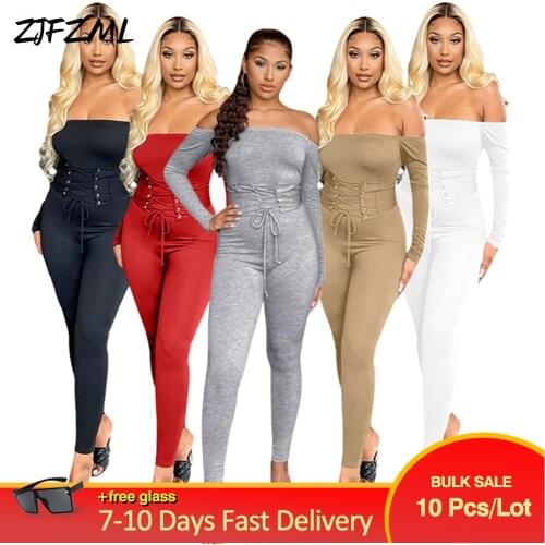 Wholesale Bulk Items Lots 2 Piece Set Tracksuit Women Slash Neck Long Sleeve One Piece Overall+lace Up Drawstring Sash Outfits