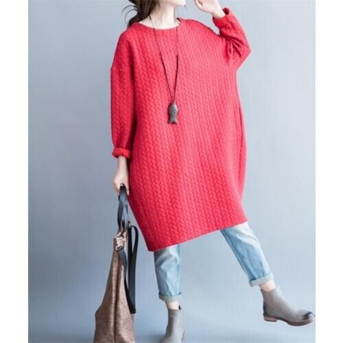 Autumn Winter 2020 Dress Woman Fashion Casual Full Sleeves Knee-Length Loose Thicking Dress Female Round Neck Striped Dress Gray